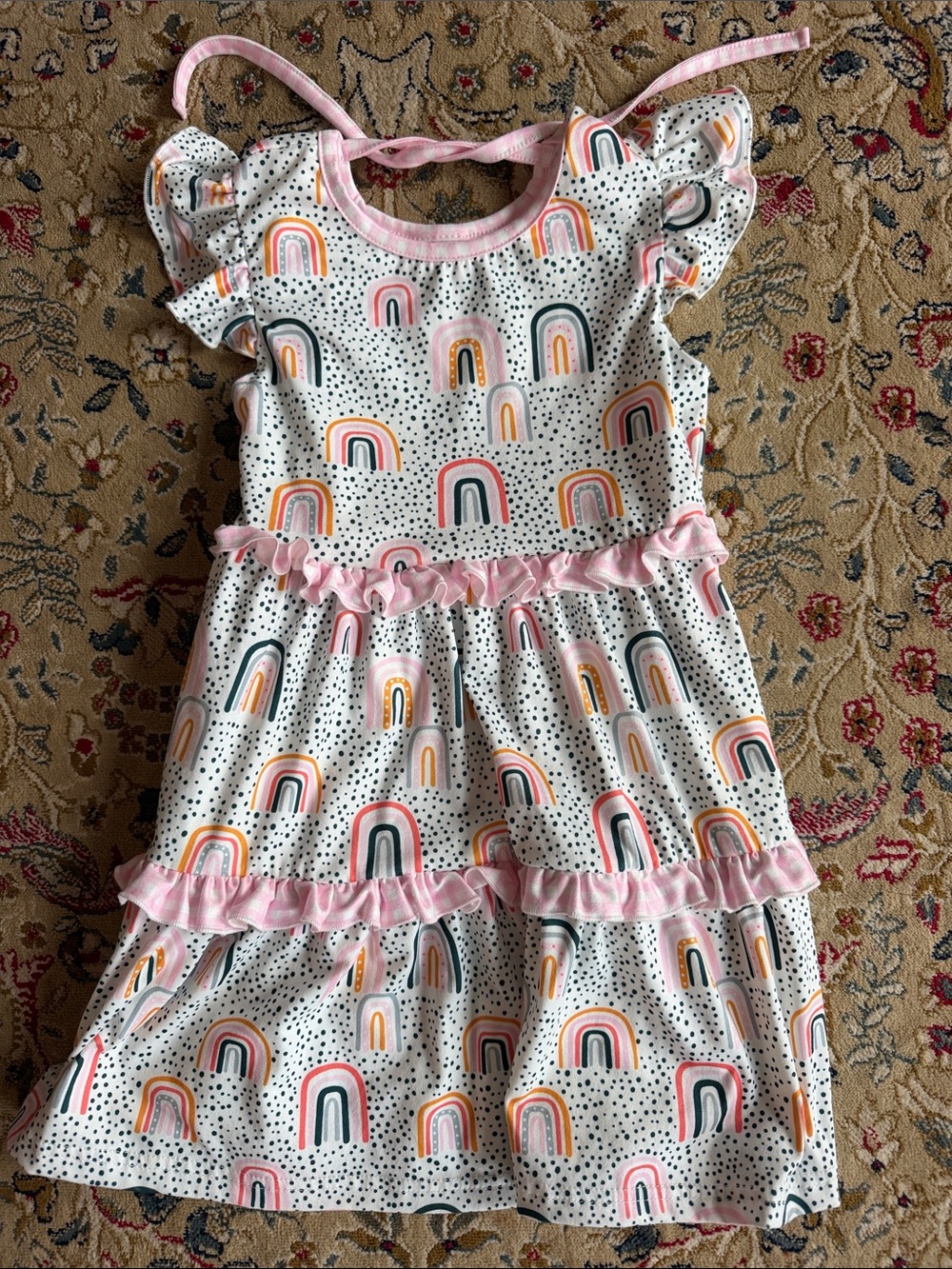 Girls White Rainbow Print Ruffle Dress - Pink Accents